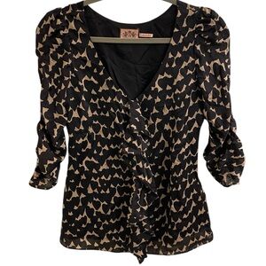 JUICY COUTURE 100% SILK HEARTS BLOUSE SIZE 0 RUFFLED FRONT SIDE ZIP Y2K TOP XS